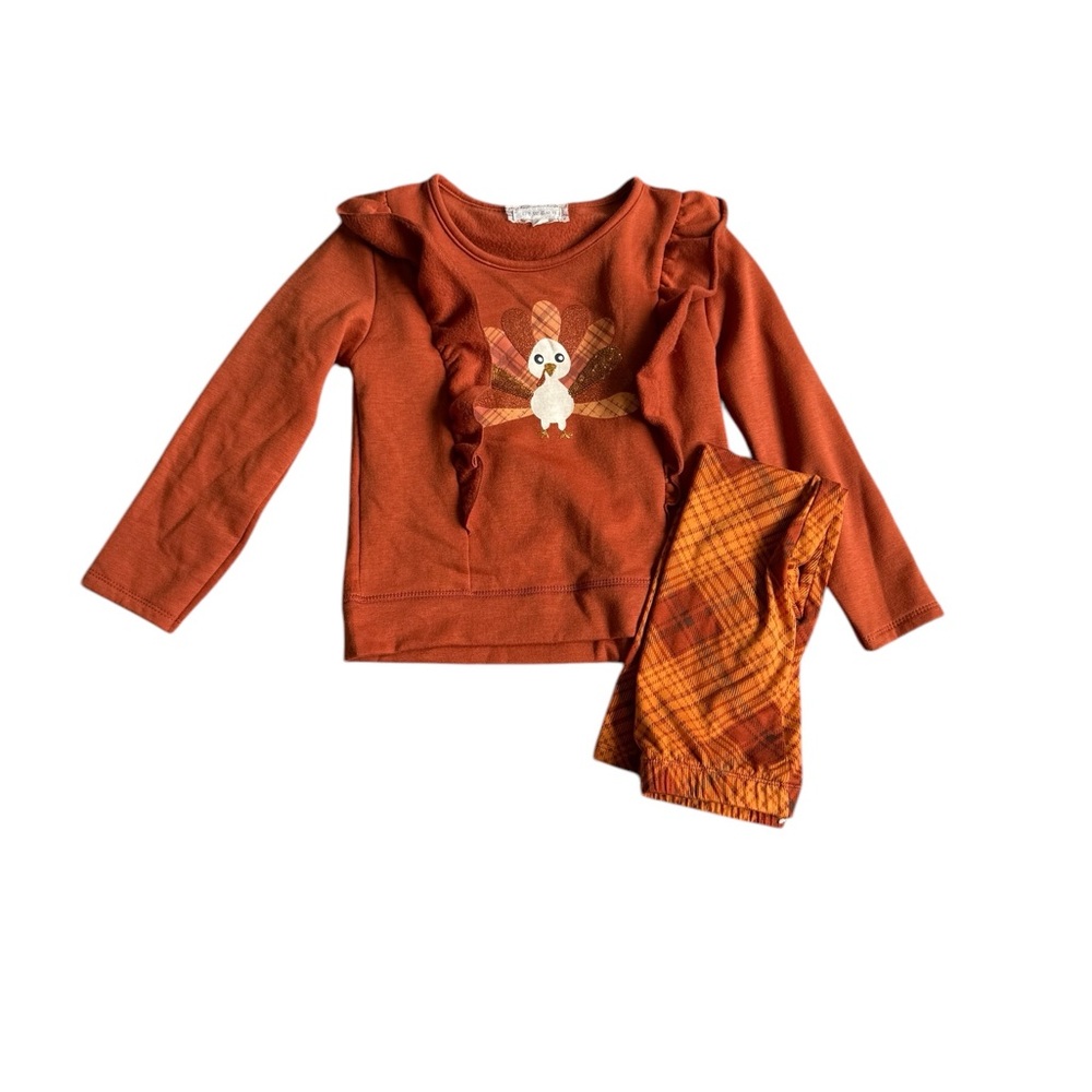 Btween Kids' Orange Ruffle Top and Plaid Turkey Pants Set